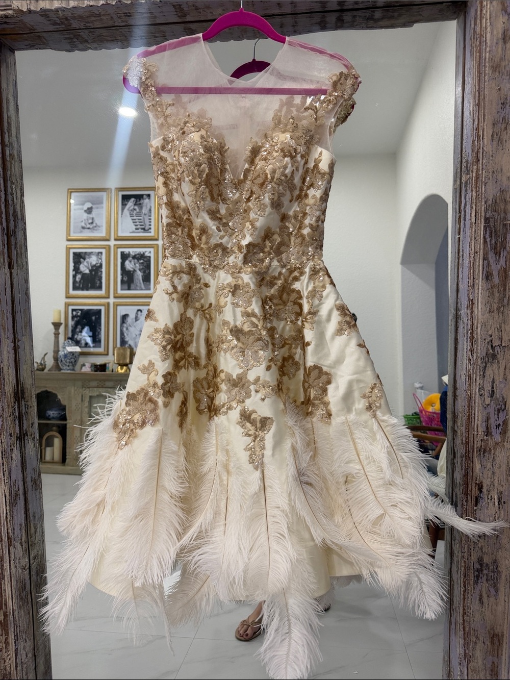 Vintage Handmade Ivory Midi Dress with Gold Floral Embroidery and Feather Hem